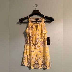 INC Yellow and Gray Ikat Sleeveless Ruffle Tank